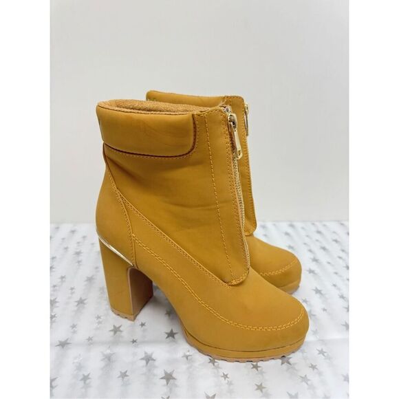 DKNY Booties Size 7.5 Mustard‎ Block Heel Lug Sole Front Zip Boots - Picture 3 of 11